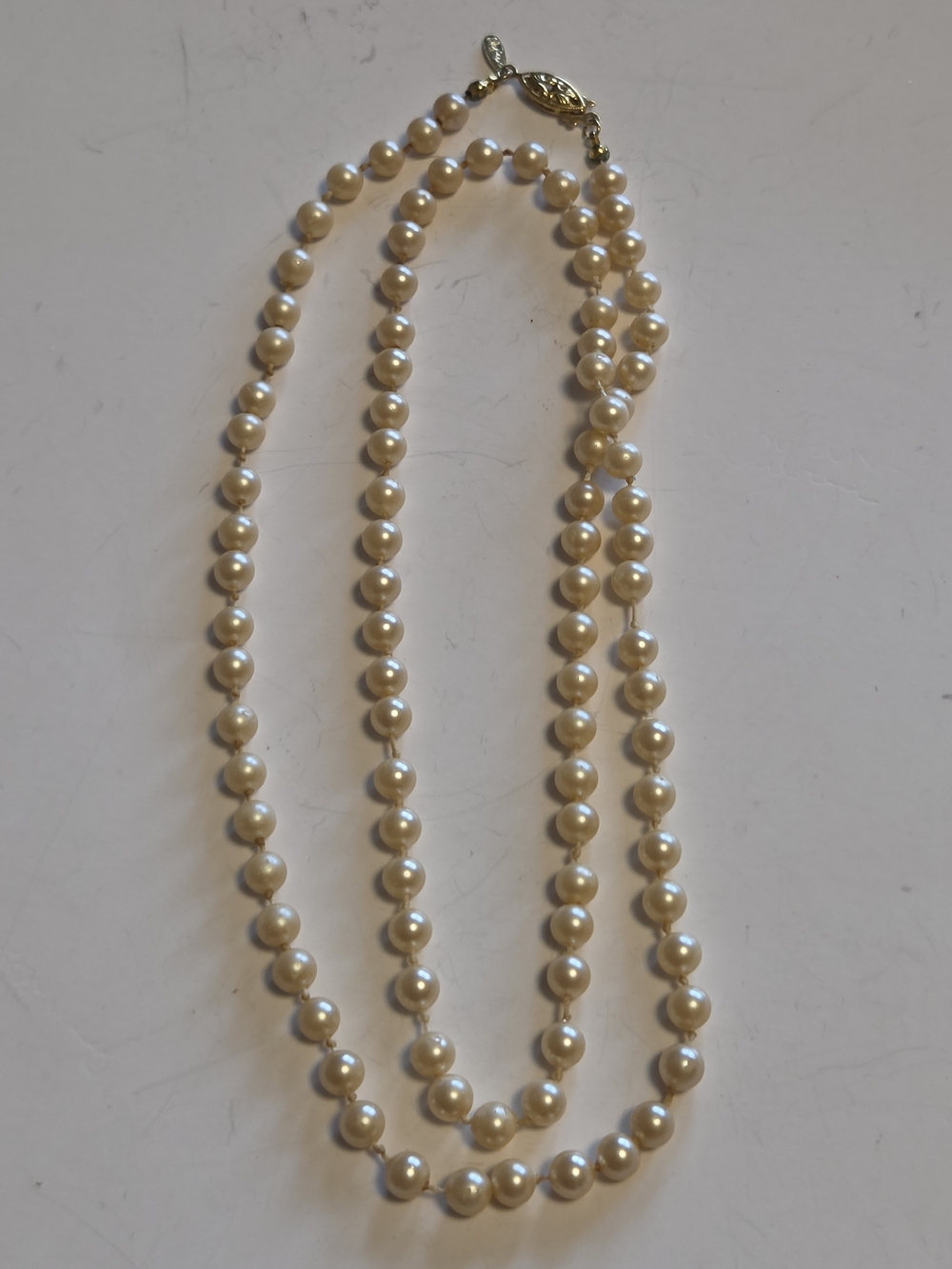 Vtg Napier 30" Cream Color Faux Pearl Knotted Cord Necklace with Gold-Tone Clasp